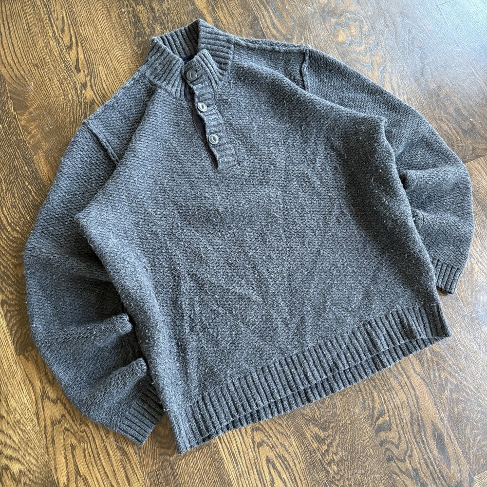 32 Bar Blues Sweater Mens XL Gray Merino Wool Cotton Heavy Knit Henley Mock Neck